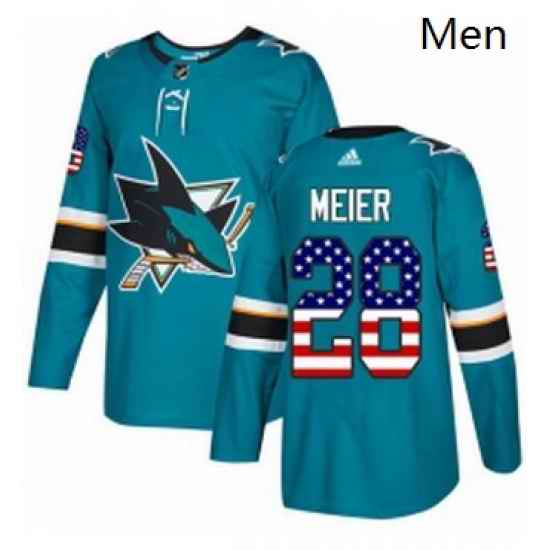 Mens Adidas San Jose Sharks 28 Timo Meier Authentic Teal Green USA Flag Fashion NHL Jersey